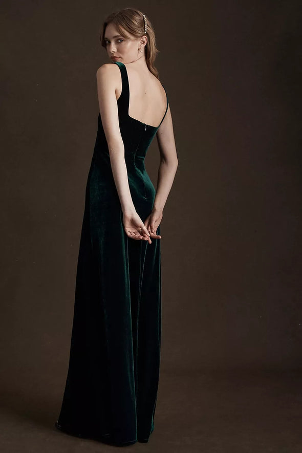 Dark Emerald Square Neck Velvet Dress Backless Bridesmaid Gown