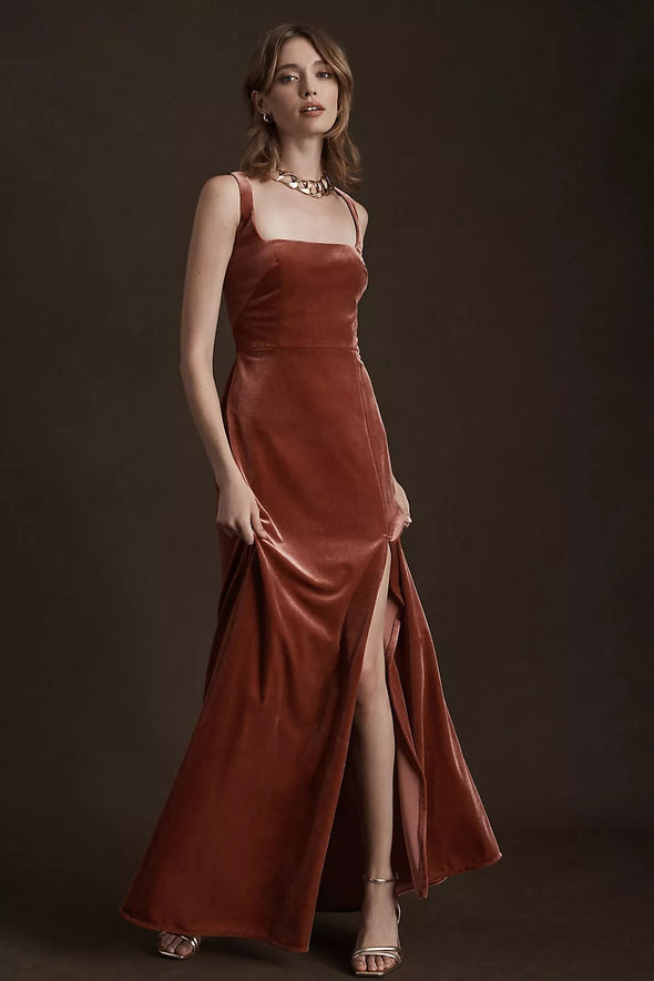 Cinnamon Rose Square Neck Velvet Dress Bridesmaid Gown