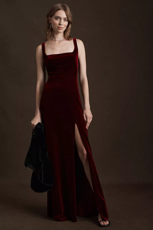 Dark Berry Square Neck Velvet Dress Backless Bridesmaid Gown