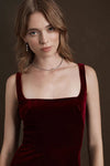 Dark Berry Square Neck Velvet Dress Backless Bridesmaid Gown