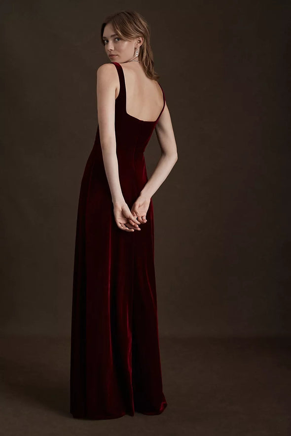 Dark Berry Square Neck Velvet Dress Backless Bridesmaid Gown