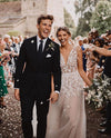 Luxury Lace Flower Garden V Neck White Wedding Dress Nude Lining TB1395