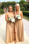 Burgundy Deep V-neck Backless Long Bridesmaid Dresses with Split