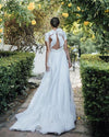 Short Sleeves A Line Soft Satin Open Back Wedding Dresses TB1396