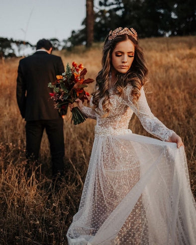 Long Sleeves V Back Points Lovely Champagne Lining Wedding Dresses