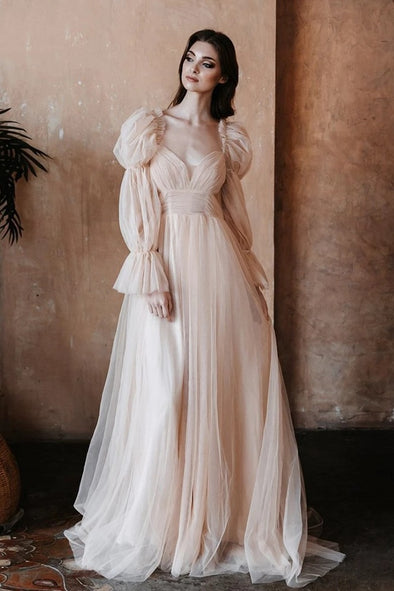 Simple Tulle Long Puff Fashion Sleeves Wedding Dresses DW647