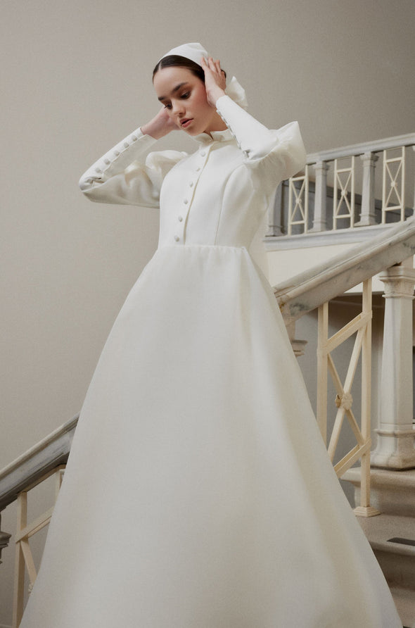 Long Puffy Sleeves Buttons Elegant Wedding Dress Arabic Muslim Gown