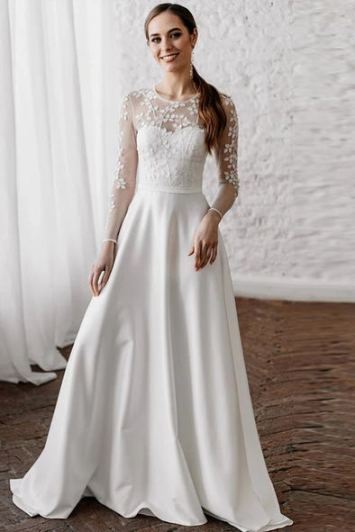 Long Sleeve A Line Wedding Dresses Leaf Lace Boho Bridal Gowns ZW729