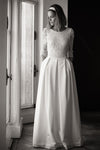 Half Sleeve A Line Wedding Dresses Backless Lace Top With Ribbon Back ZW806