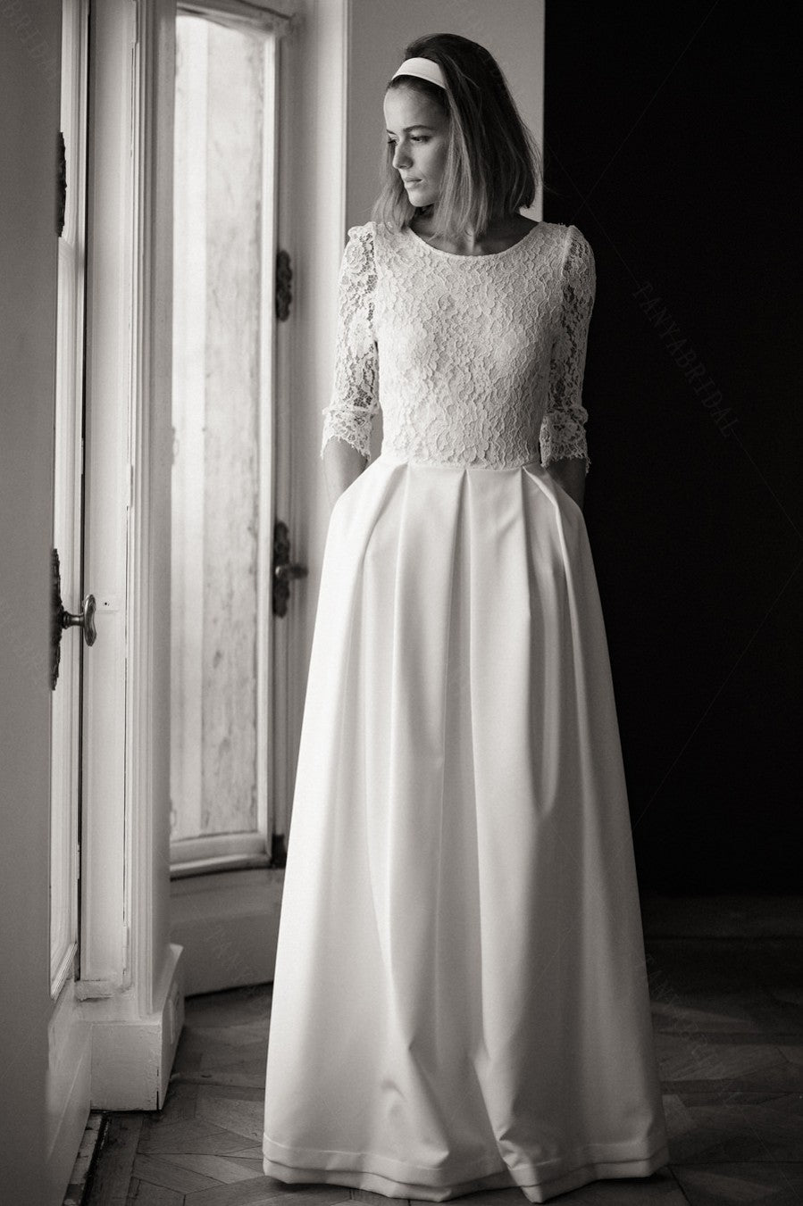 Half Sleeve A Line Wedding Dresses Backless Lace Top With Ribbon Back TANYA BRIDAL Half Sleeve A Line Wedding Dresses Backless Lace Top With Ribbon Back TANYA BRIDAL
