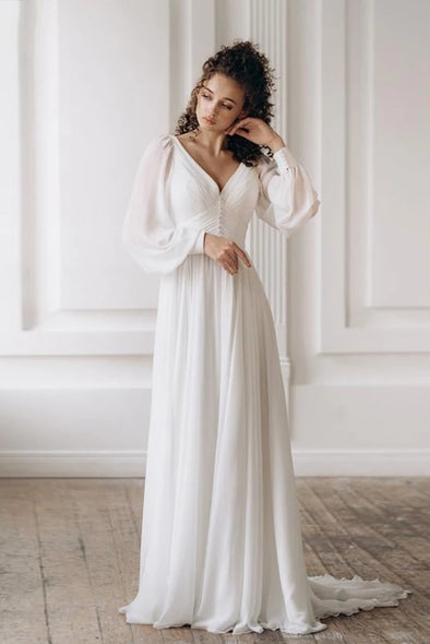 Chiffon Long Sleeve V-Neck Wedding Dresses A Line ZW924