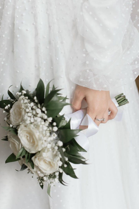 Elegant Modest Pearls Dot Tulle Full Sleeves Muslim Wedding Gown
