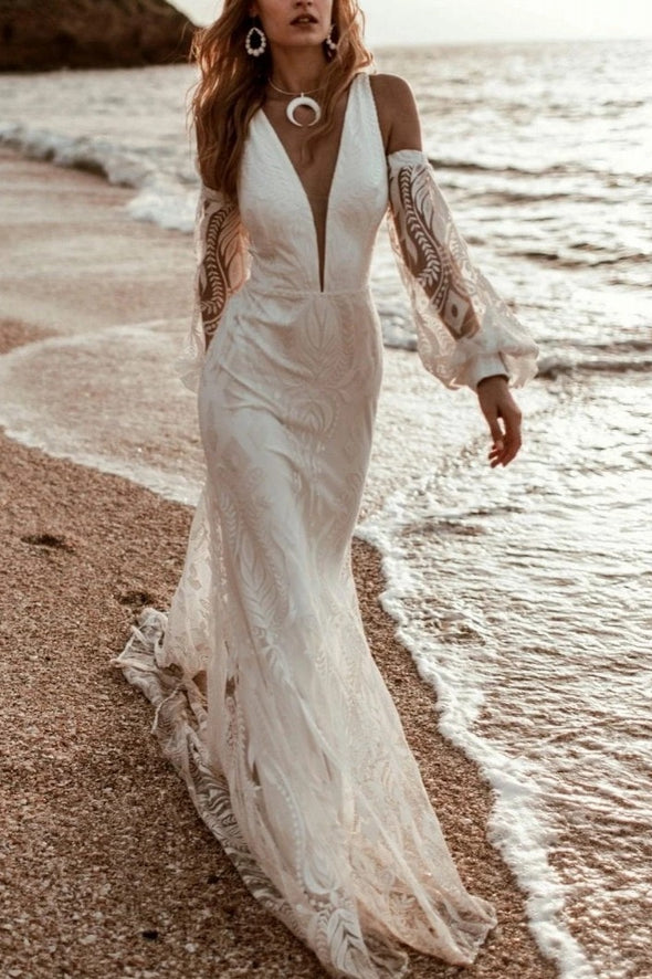 Bohemian Open Back Detachable Sleeve Mermaid Lace Wedding Dress