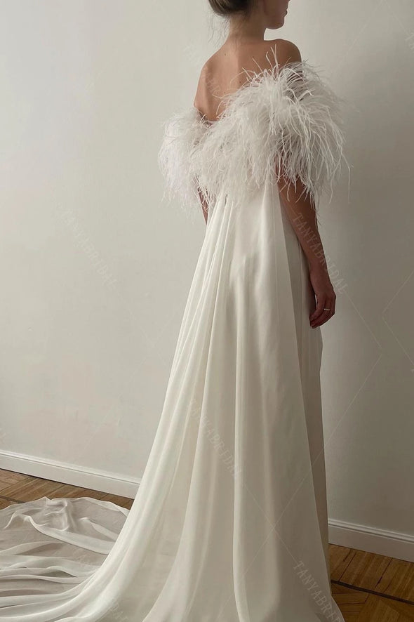 Boat Neck Simple Luxury Wedding Dresses With Feather DW718