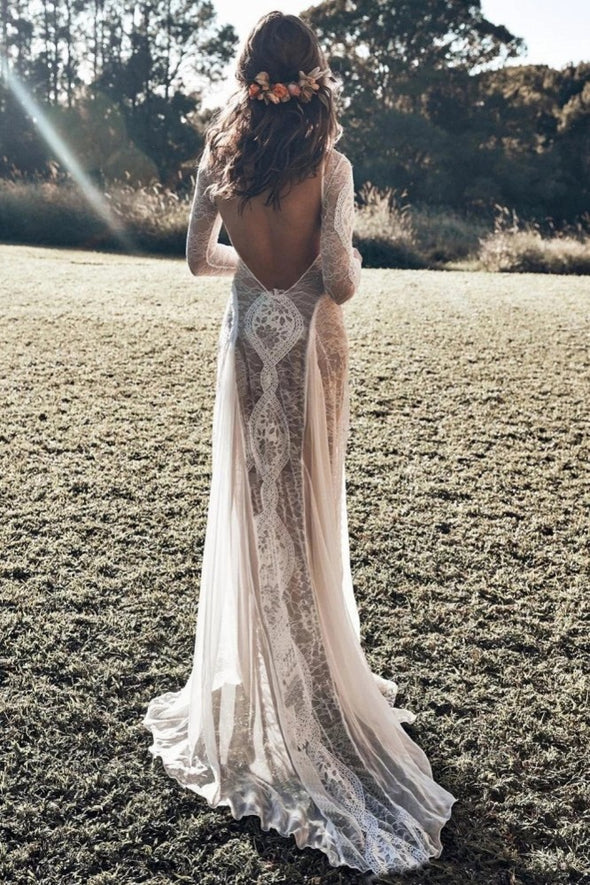 Bohemian Lace Backless Long Sleeves Wedding Dress