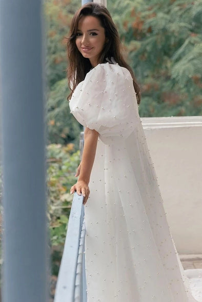 Pearls Puffed Sleeve Wedding Jacket Short Sleeve Long Cape DJ146