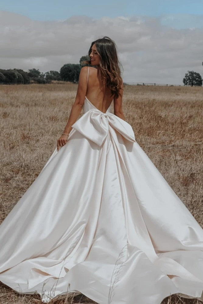 Satin A Line Simple Wedding Dresses Romantic Big Bow Bohemian Bridal Gowns ZW787 - Satin A Line Simple Wedding Dresses Romantic Big Bow Bohemian Bridal Gowns ZW787 -
