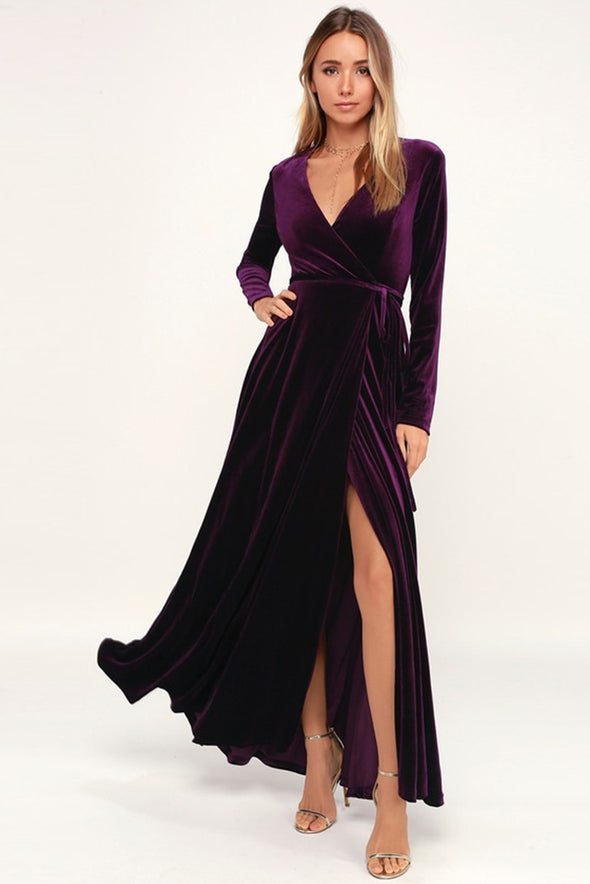 Winter V Neck Full Sleeves A Line Velvet Women Evening Dress