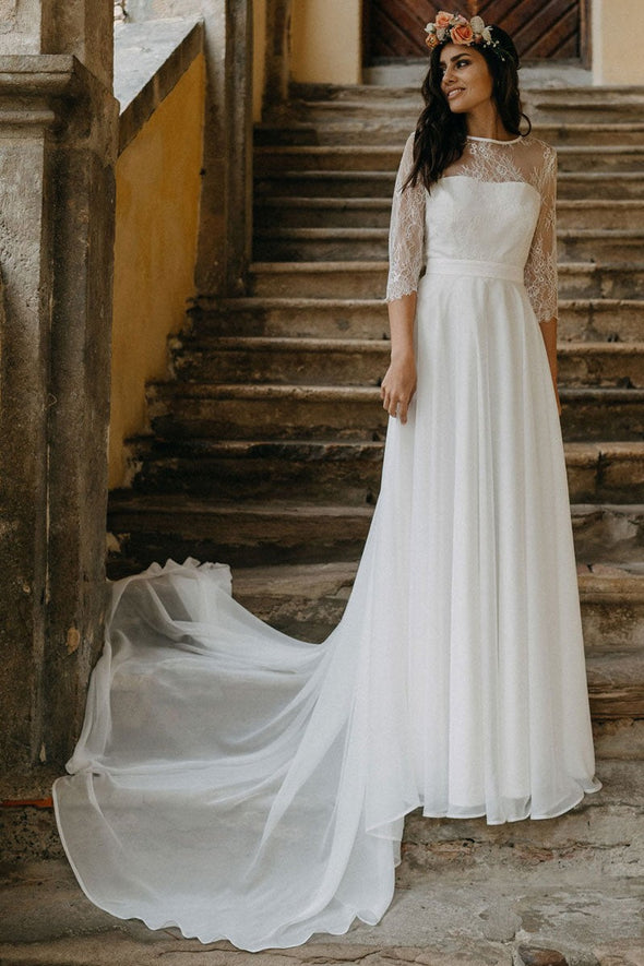 Bohemian Long Wedding Dress With Lace Top Chiffon Open Back Bridal Gown