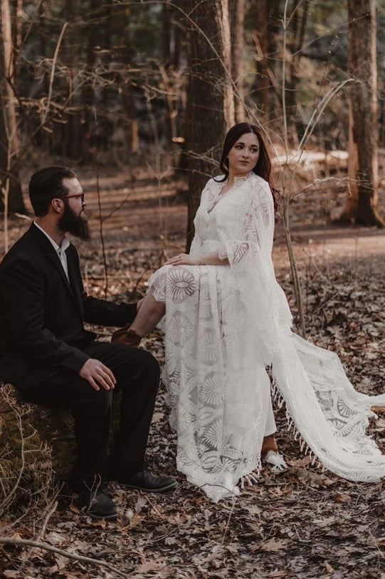 Lace Bohemian Long Wedding Dress With Flare Sleeves