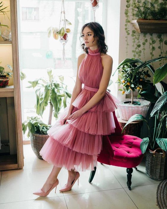 Dusty Pink Tiered Tulle Prom Dresses Halter Coral Homecoming Party Gown - Dusty Pink Tiered Tulle Prom Dresses Halter Coral Homecoming Party Gown -