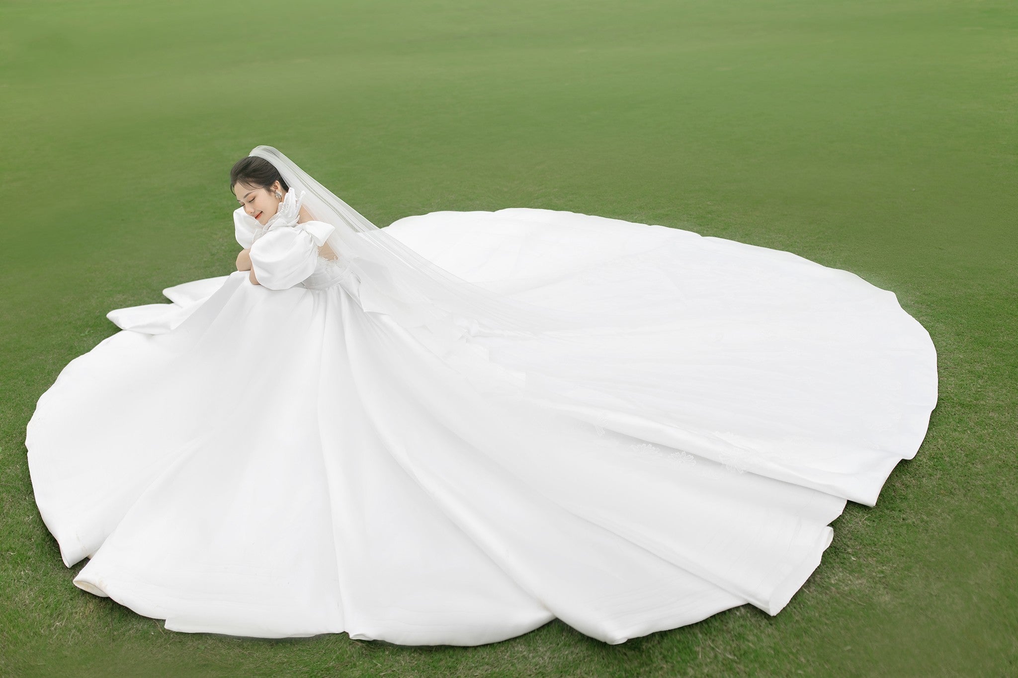 Chapel Train Satin Long Wedding Dresses Puffy Sleeves Ball Gown TANYA BRIDAL Chapel Train Satin Long Wedding Dresses Puffy Sleeves Ball Gown TANYA BRIDAL