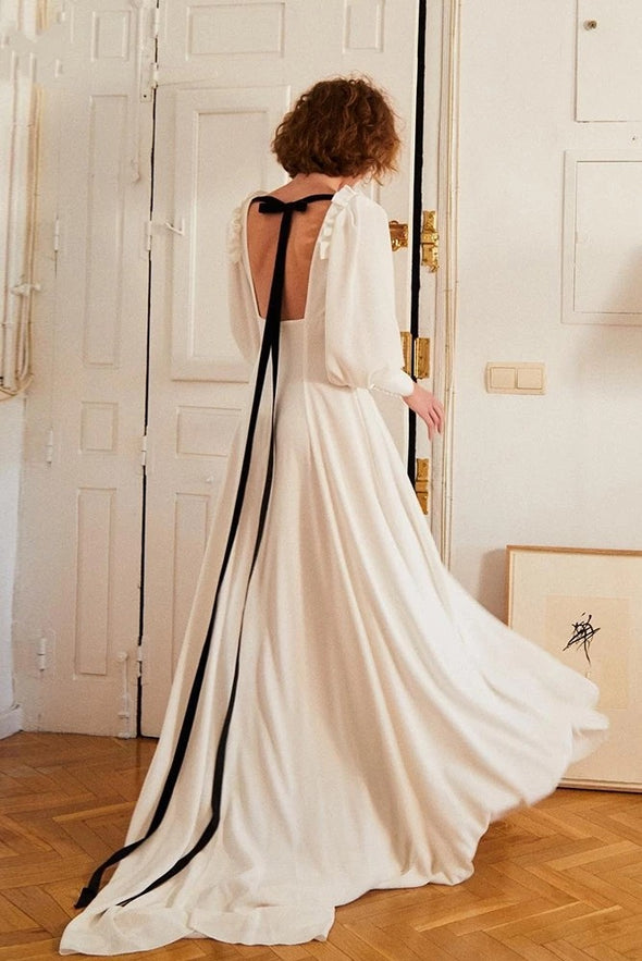Boho Wedding Dresses Long Sleeve Backless With Black Ribbon Chic DW663