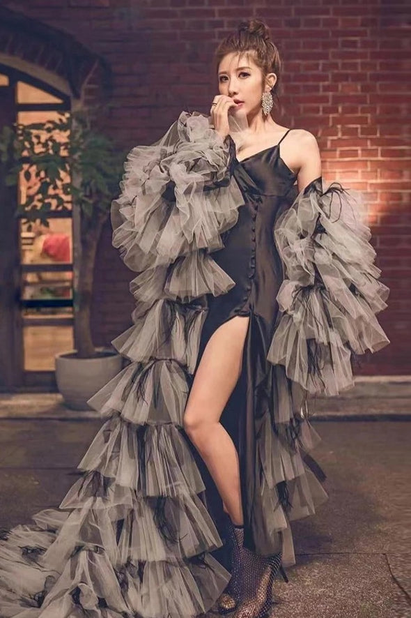 Black and Grey Layered Tulle and Feather luxury Cape Wedding Long Jacket ZJ049