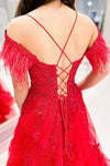 Red Prom Dresses Lace Appliques With Feather Strap Sleeves