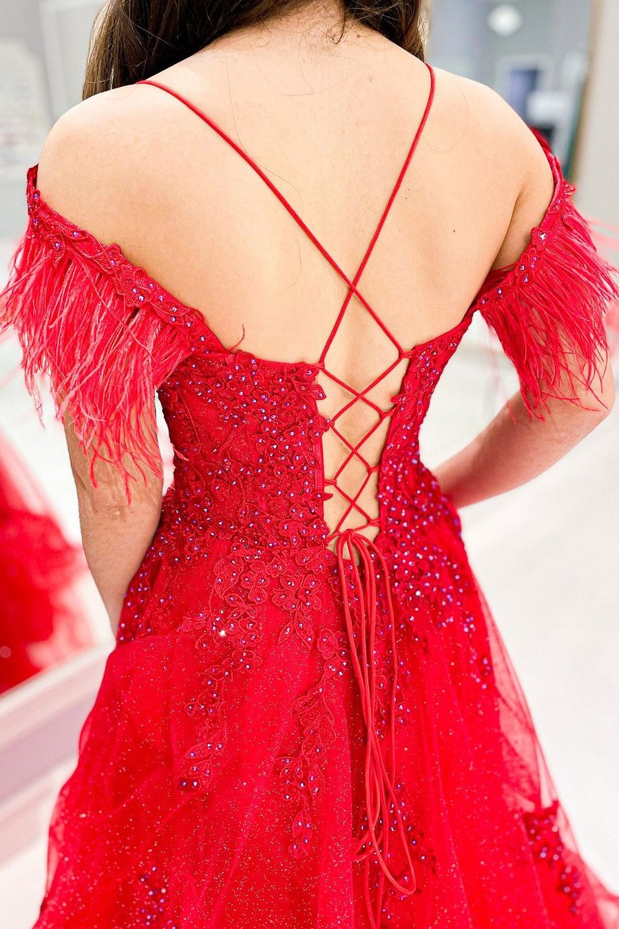 Red Prom Dresses Lace Appliques With Feather Strap Sleeves TANYA BRIDAL Red Prom Dresses Lace Appliques With Feather Strap Sleeves TANYA BRIDAL