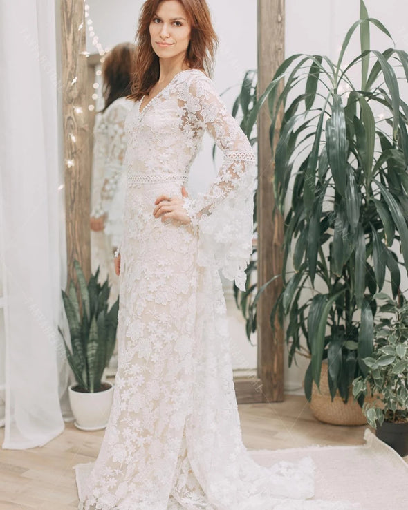 Long Flare Sleeve Lace Wedding Dresses Noivas chic DW569