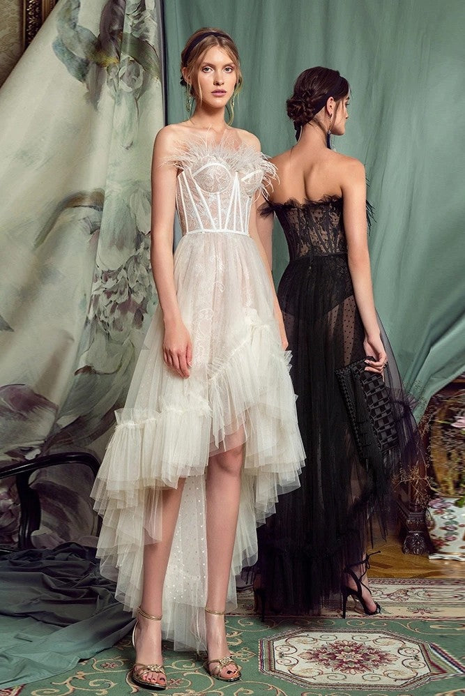 Lace Strapless High Low Wedding Dresses With Stunning Feather ZW746 - Lace Strapless High Low Wedding Dresses With Stunning Feather ZW746 -