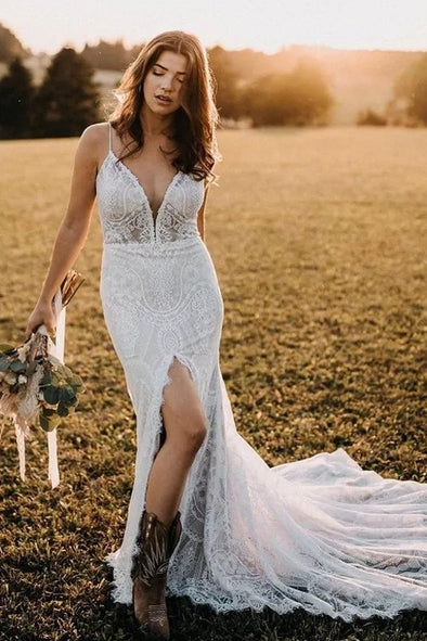 Sexy Spaghetti Straps Mermaid Boho Wedding Dress