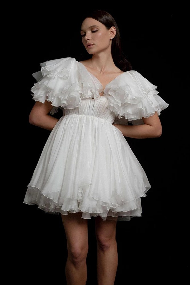 Silk Chiffon Short/Mini Wedding Dresses Puff Sleeve Chic ZW702 – TANYA BRIDAL Silk Chiffon Short/Mini Wedding Dresses Puff Sleeve Chic ZW702 – TANYA BRIDAL