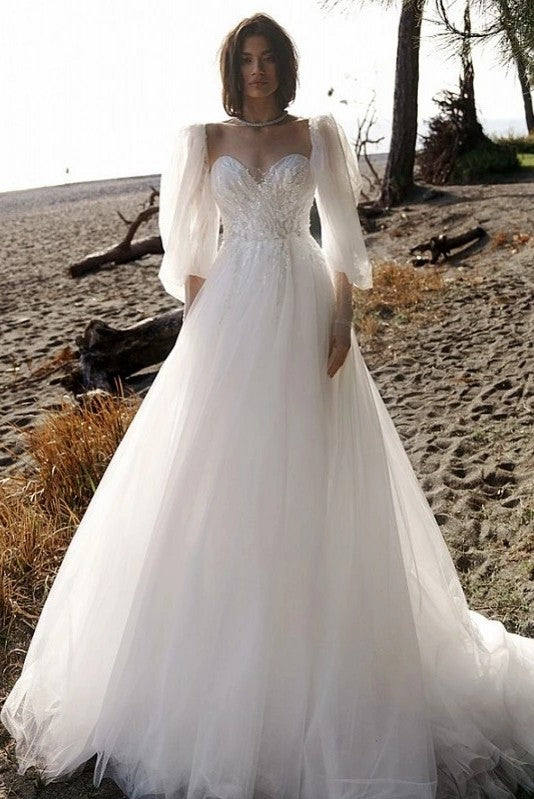 Palace Illusion Tulle Puffy Sleeves Wedding Dresses DQG1412