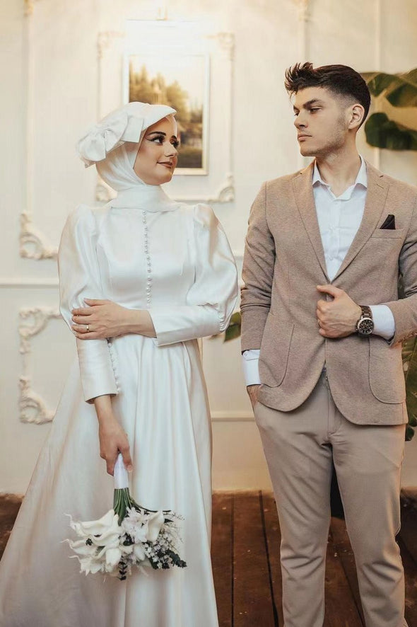 Modest A Line Puffy Shoulder Full Sleeve Arabic Muslim Wedding Dress