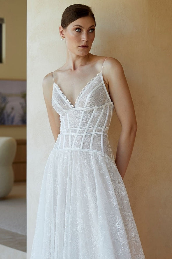 A Line Spaghetti Elegant Boho V-Neck Lace Wedding Dresses  ZW833