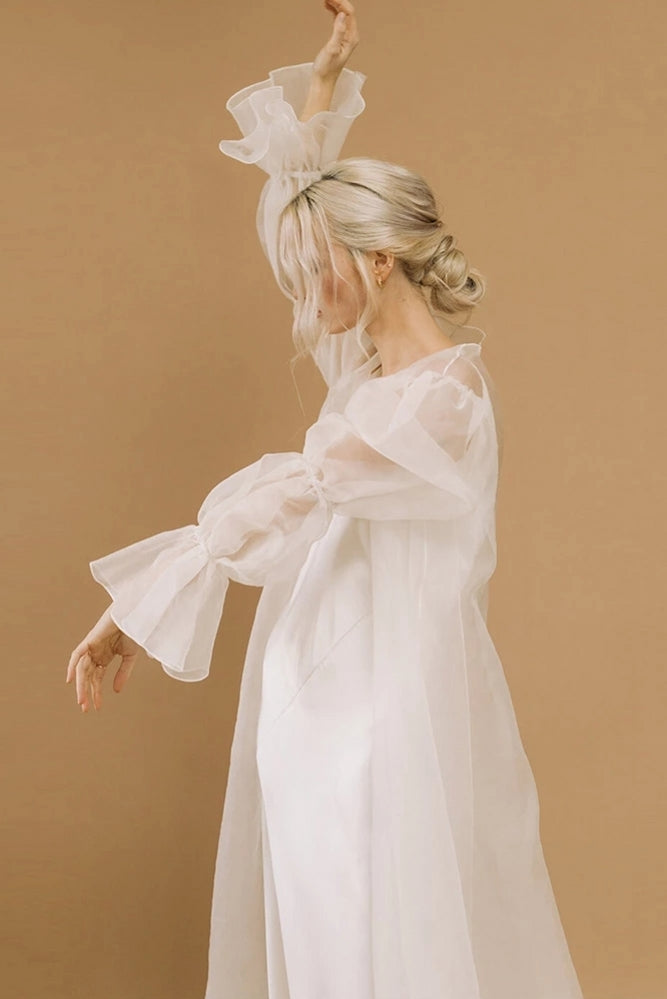 long sleeve shawls for dresses Wedding Wraps White Long Sleeves Bateau Neck Illusion Sleeves Shawls Tulle Pearls Bridal Cover Up