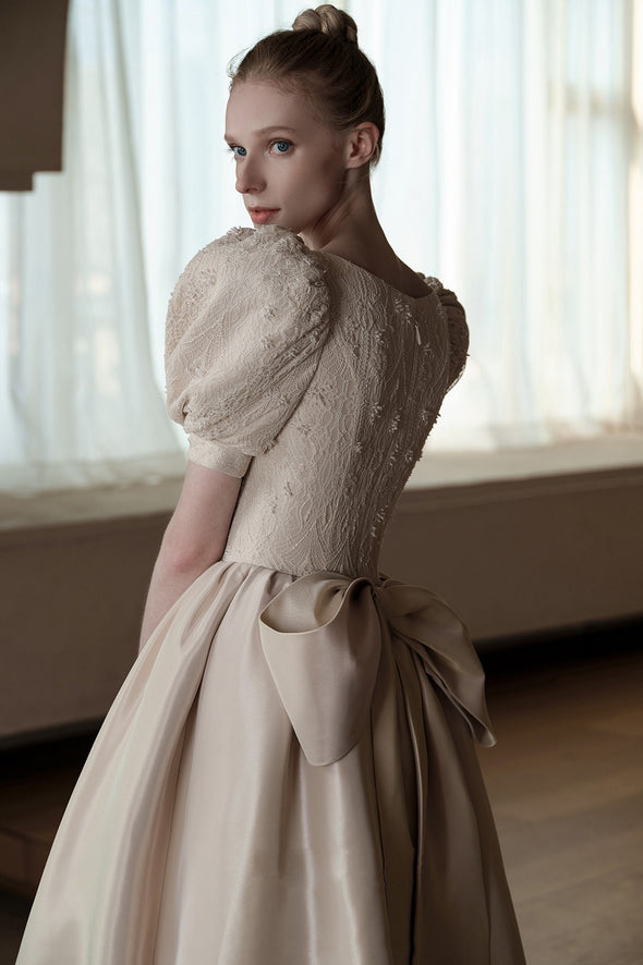 A Line Satin Vintage Champagne Puff Sleeve Wedding Dresses ZW835