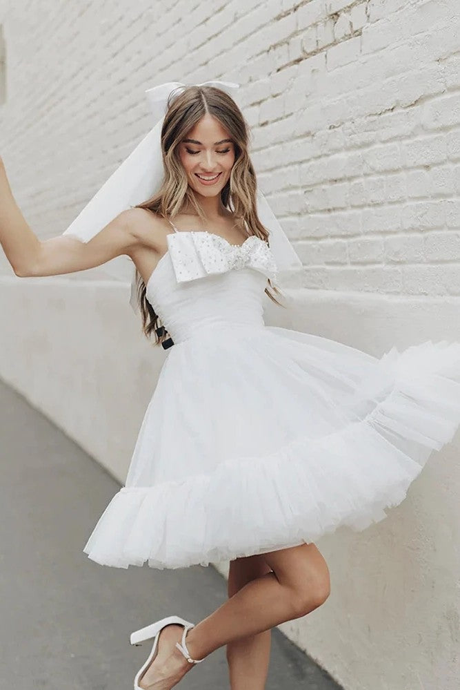 Flirty Rushed Tulle Bodice Wedding Dresses With Hand Beaded Bow ZW791 TANYA BRIDAL Flirty Rushed Tulle Bodice Wedding Dresses With Hand Beaded Bow ZW791 TANYA BRIDAL