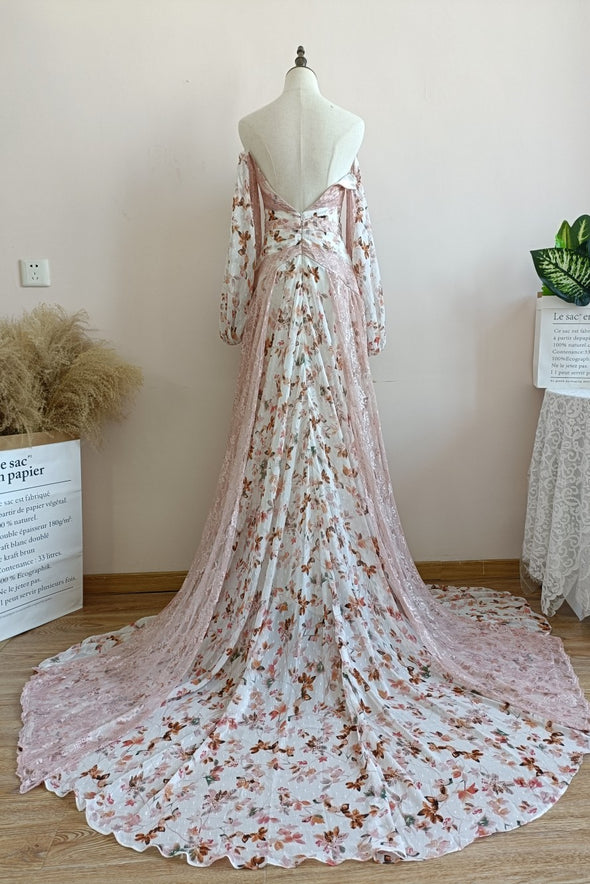 Printed Chiffon Lace Wedding Dresses Lantern Sleeve ZW487