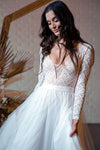 Long Sleeves V Neck Backless Lace A Line Wedding Bridal Dress