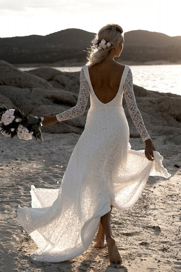 Backless Lace Bohemian Long Sleeves Split Wedding Dresses