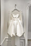 Short Cutie Satin Wedding Gown Full Sleeves Buttons Back With Bow TT590