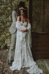 Deep Nude Lining Wedding Dresses With Detachable Flare Long Sleeves