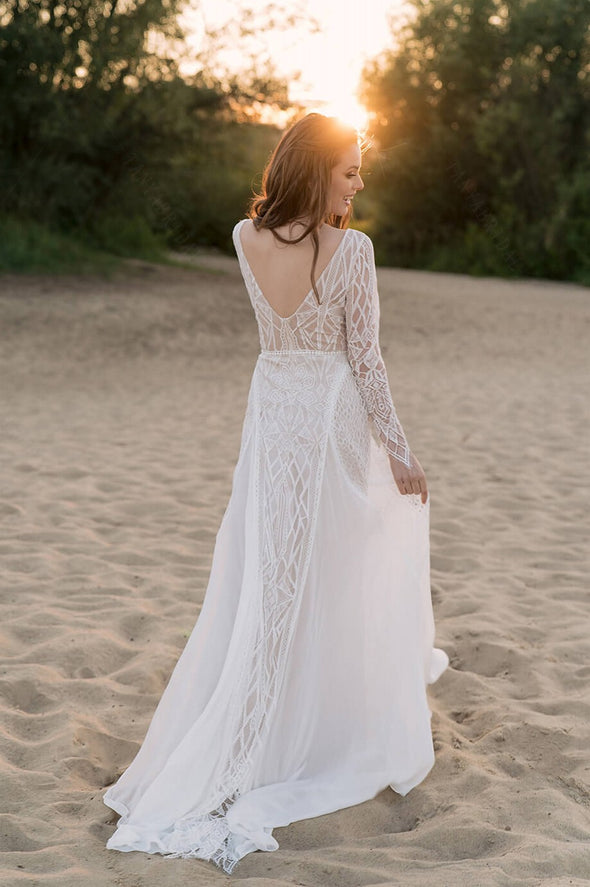 Long Sleeve Unique Lace A Line Wedding Dresses Chic DW699