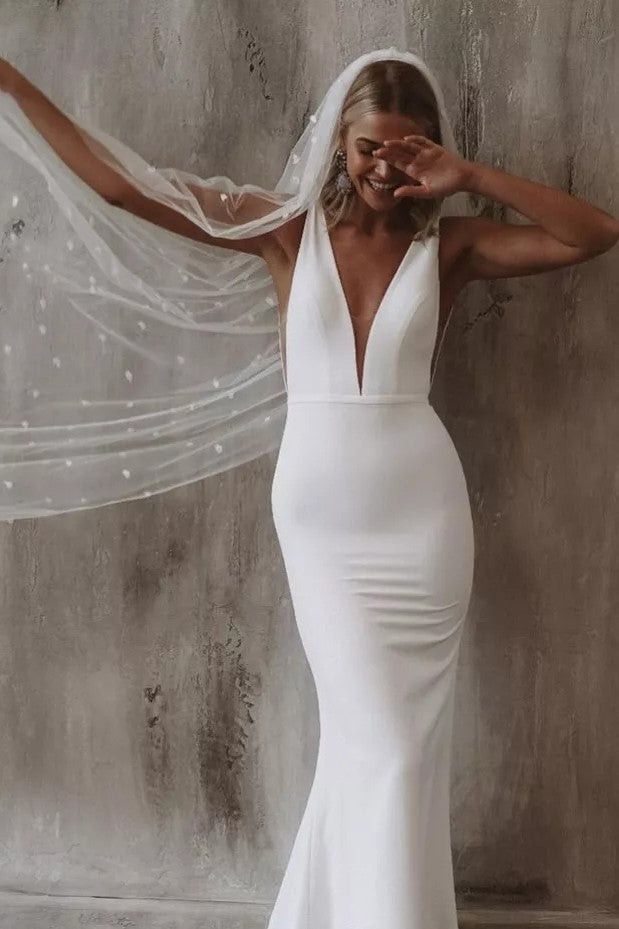 Simple Plain Crepe Mermaid Wedding Dress TANYA BRIDAL Simple Plain Crepe Mermaid Wedding Dress TANYA BRIDAL
