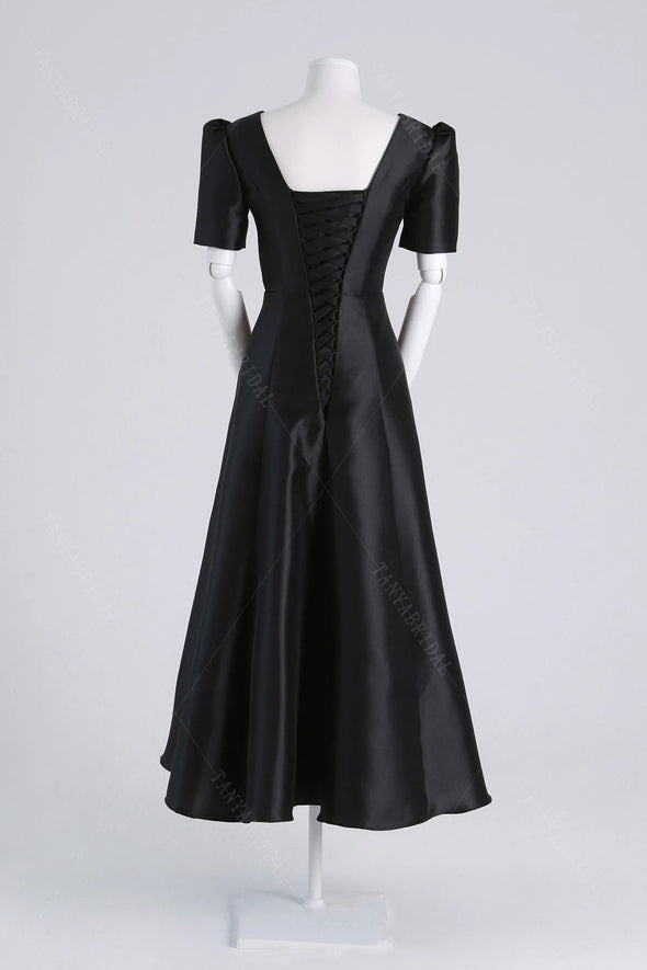 Short Sleeve Black Satin Wedding Dresses V-Neck DW704