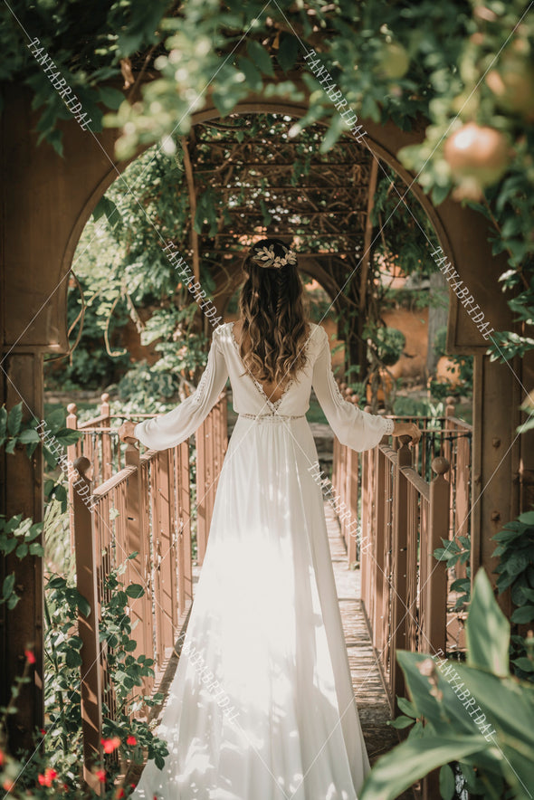 Long Sleeve Backless Wedding Dresses Chiffon Lace Edge Elegant Bridal – TANYA BRIDAL