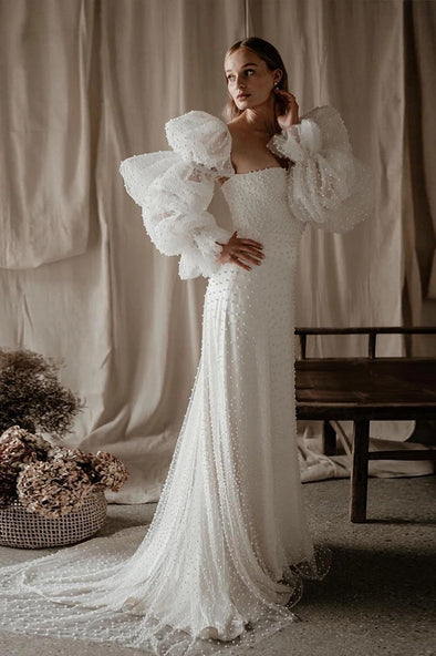 Luxury Wedding Dresses Pearl Beaded Soft Tulle Voluminous Sleeves